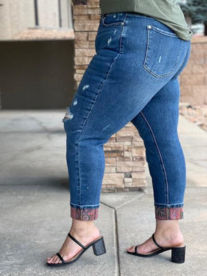 Judy Blue Paisley Patch Cuff Boyfriend Jeans | Sparkles & Lace Boutique