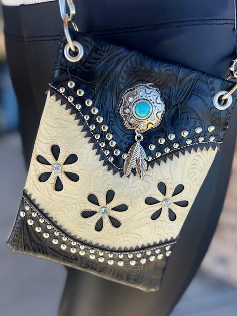 Kelsea Black & Tan Turquoise Charm Chic Fringe Versatile Bag