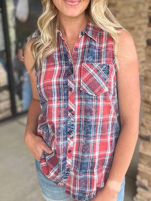 Betsy Patriotic Sleeveless Plaid Button Up Top | Sparkles & Lace Boutique