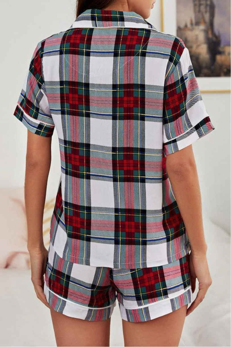 Mila Plaid Short Sleeve Two-Piece PJ Set with Tie