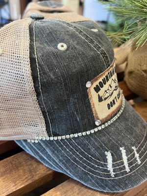 Mountain Hair Don't Care Distressed Trucker Hat with Rhinestones
