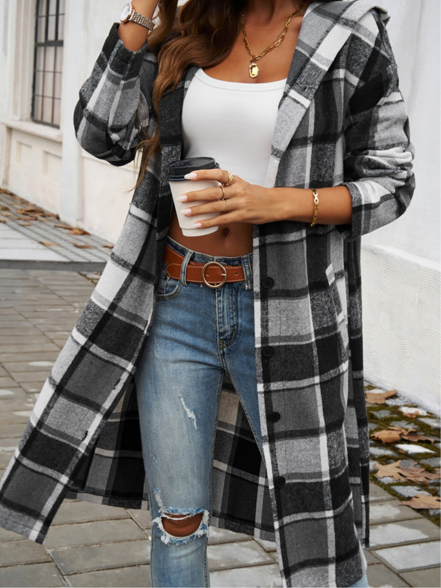 Alaska Plaid Long Sleeve Hooded Coat