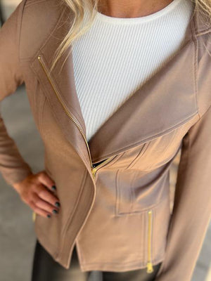 Classic Liquid "Leather" Knit Jacket in Taupe by Clara Sun Woo