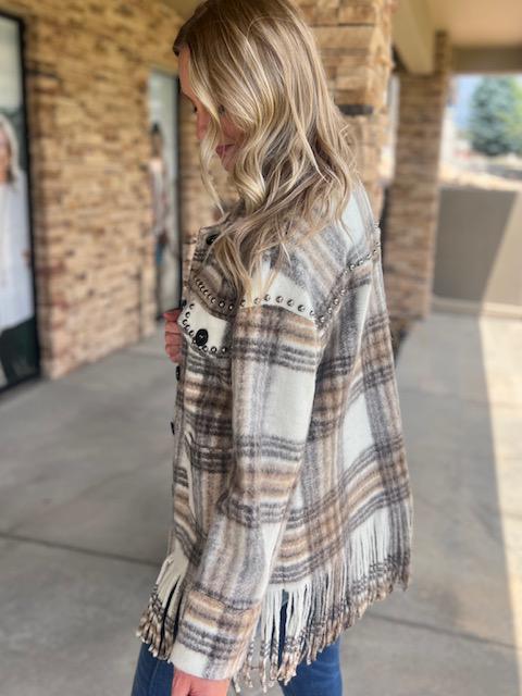 Sterling Cream and Brown Plaid Fringe Oversized Studded Jacket | Sparkles & Lace Boutique