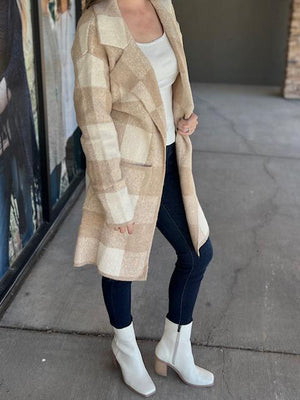 Aspen Cozy Taupe Plaid Lapel Cardigan with Pockets