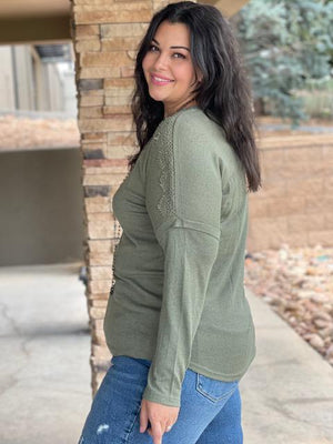 Whitney Olive Pullover with Lace Detail | Sparkles & Lace Boutique
