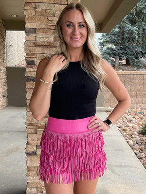 Abigail Fringe Mini Skirt with Shorts in Pink | Sparkles & Lace Boutique