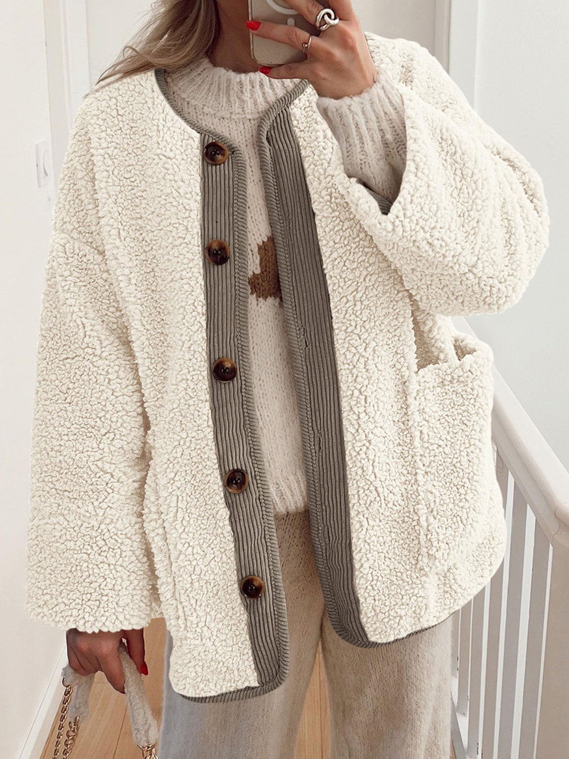 Emily Button Up Sherpa Jacket with Pockets | Sparkles & Lace Boutique