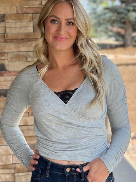 Waverly Faux Wrap V-Neck Ruched Top in Gray | Sparkles & Lace Boutique