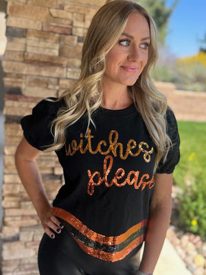 Witches Please Curved Hem Top with Sequins