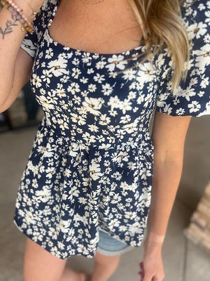Magnolia Floral Smocked Top with Tie on Back in Indigo Blue | Sparkles & Lace Boutique