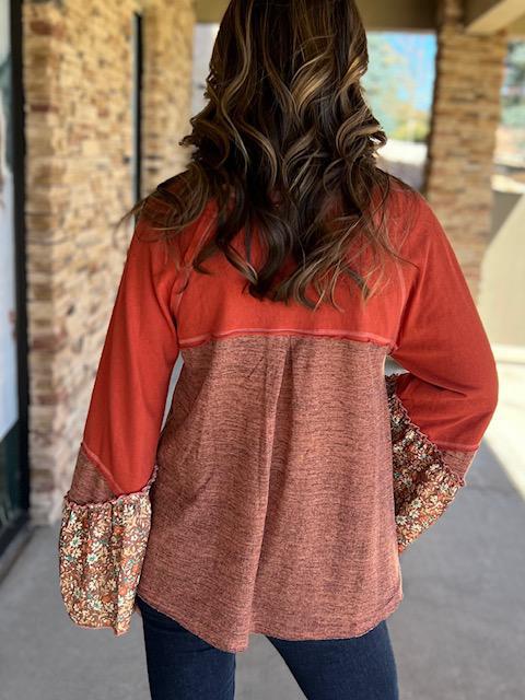Molly Oversize Round Neck Sweater with Floral Print Detail in Rust
