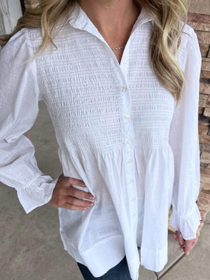 Jane White Smocked Button Up Top | Sparkles & Lace Boutique