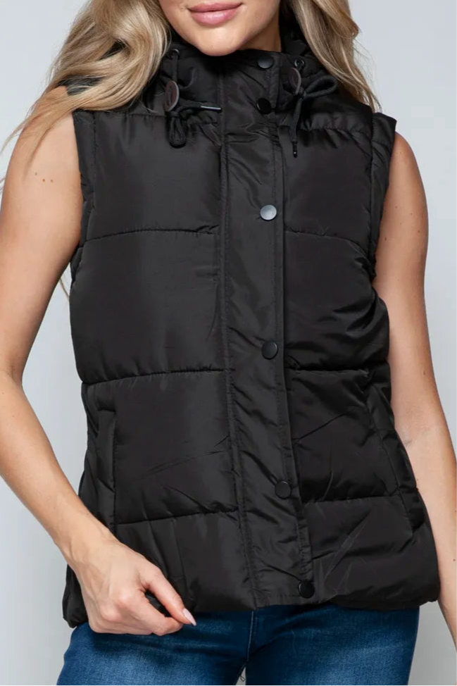 Priscilla Snap and Zip Closure Hooded Vest in Black
