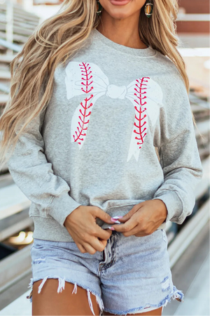 Baseball Bow Graphic Round Neck Long Sleeve Sweatshirt