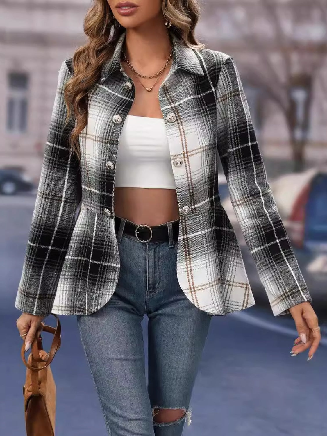 Aliya Plaid Button Up Long Sleeve Jacket