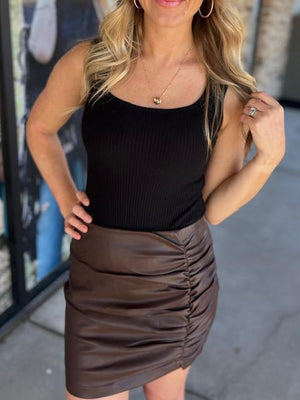 Phoenix Chocolate Brown Soft Pleather Mini Skirt with Side Ruching
