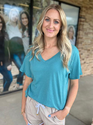 Brooke Boyfriend V-Neck Tee in Dusty Teal | Sparkles & Lace Boutique