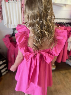 Lily Mae Pink Dress with Ruffled Shoulders and Rhinestone Hearts