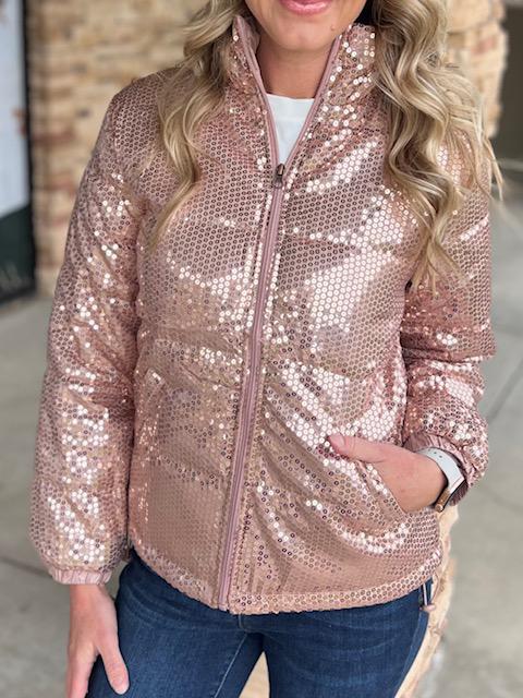 Midnight Trails Sequin Puffer Jacket in Rose Gold