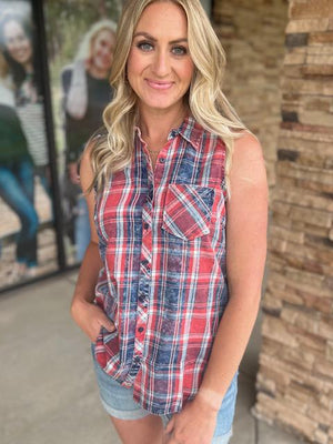 Betsy Patriotic Sleeveless Plaid Button Up Top | Sparkles & Lace Boutique