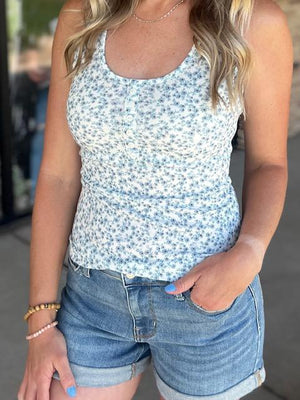 Layla Floral Print Button Tank in Ivory and Blue | Sparkles & Lace Boutique