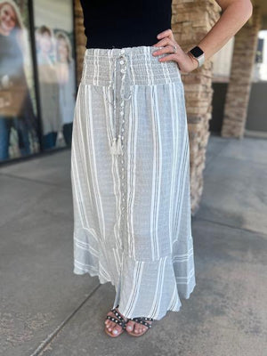 Shelby Black and White Striped Button Down Skirt with Fitted Waist