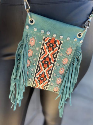 Kelsea Teal Aztec Rhinestone Chic Fringe Versatile Bag