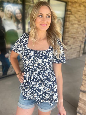 Magnolia Floral Smocked Top with Tie on Back in Indigo Blue | Sparkles & Lace Boutique