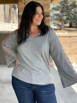 Belle V-Neck Detailed Lace Top in Gray | Sparkles & Lace Boutique