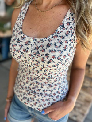 Lizzie Floral Tank in Oatmeal with Navy and Brick Floral Print | Sparkles & Lace Boutique