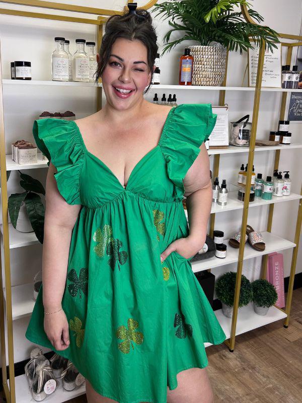 Lily Mae Green Dress with Ruffled Shoulders and Rhinestone Clovers