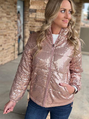 Midnight Trails Sequin Puffer Jacket in Rose Gold