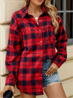 Abigal Plaid Button Up Long Sleeve Distressed Flannel