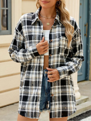 Abigal Plaid Button Up Long Sleeve Distressed Flannel