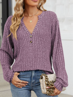 Amber Ribbed Notched Long Sleeve T-Shirt