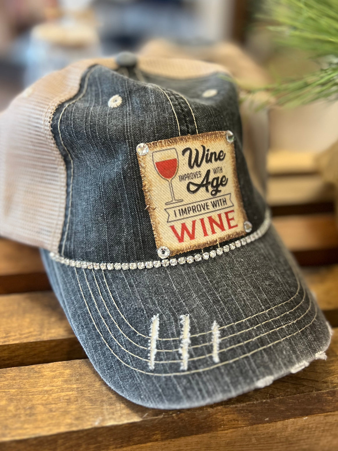 Rhinestone Distressed Trucker Hat - Wine Improves with Age, I Improve with Wine