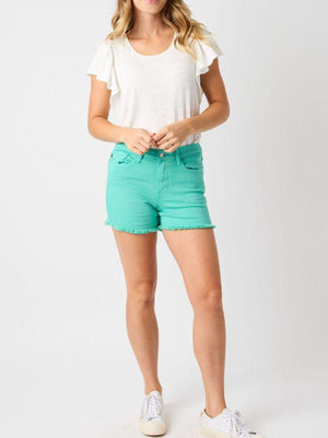 Judy Blue Mid-Rise Garment Dyed Fray Hem Aquamarine Shorts