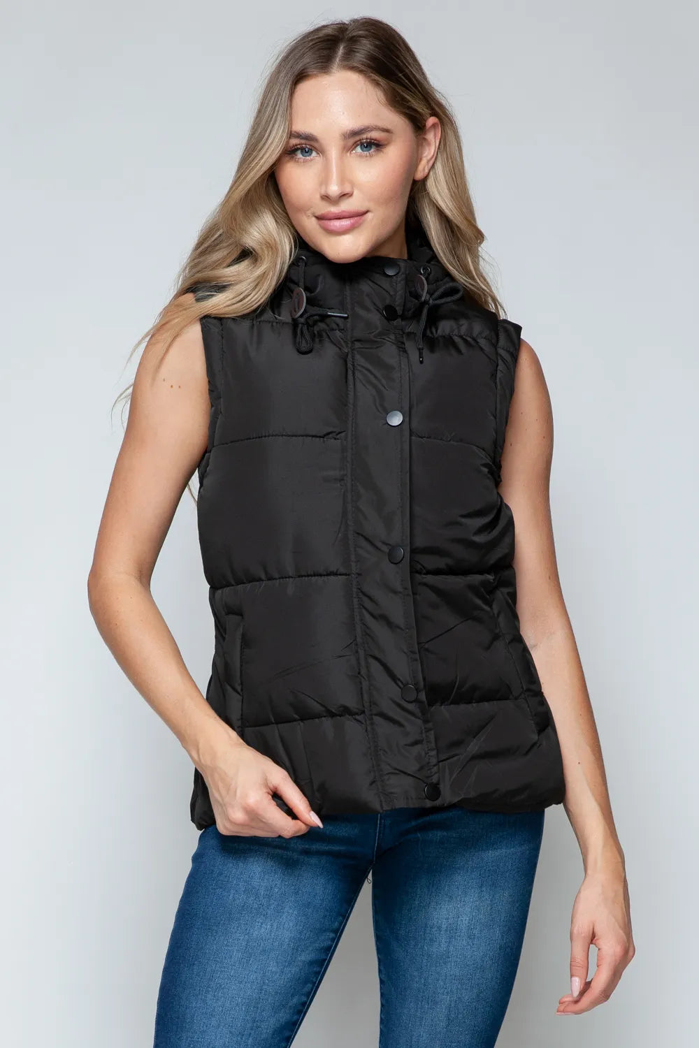 Priscilla Snap and Zip Closure Hooded Vest in Black