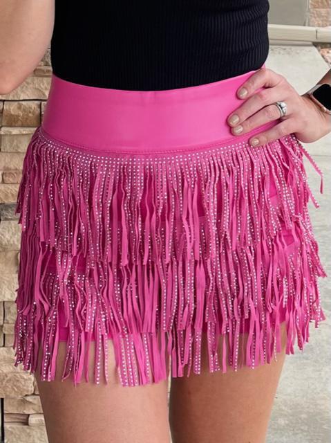 Abigail Fringe Mini Skirt with Shorts in Pink | Sparkles & Lace Boutique