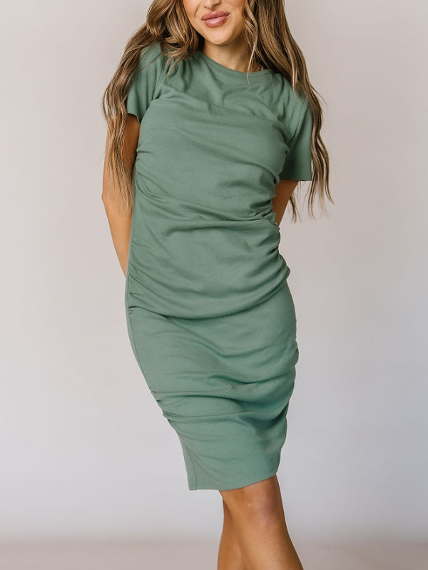 Kloee Short Sleeved Ruched Dress - Sweet Basil | Sparkles & Lace Boutique