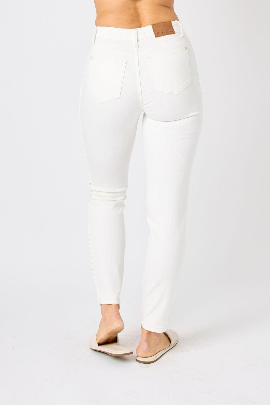 Judy Blue Mid-rise Braided Detail Relaxed Ivory Jeans