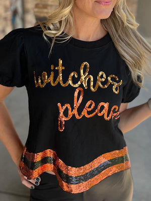 Witches Please Curved Hem Top with Sequins
