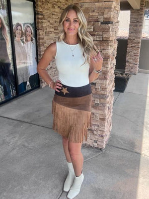 Texie Brown and Black Suede Fringe Skirt | Sparkles & Lace Boutique