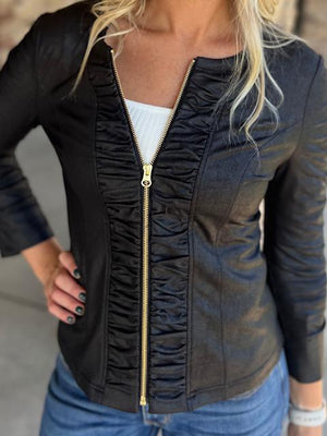 Ruched Liquid "Leather" Black Jacket with 3/4 Sleeves by Clara Sun Woo