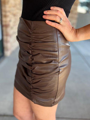 Phoenix Chocolate Brown Soft Pleather Mini Skirt with Side Ruching