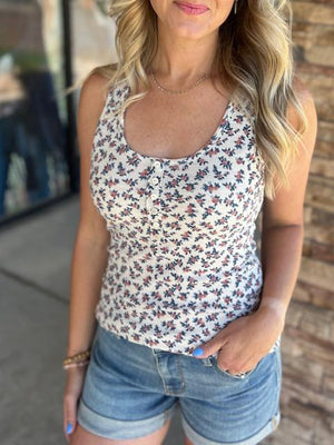 Lizzie Floral Tank in Oatmeal with Navy and Brick Floral Print | Sparkles & Lace Boutique