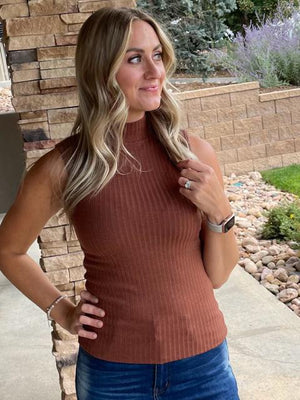 Portia Sleeveless Ribbed Turtleneck in Brown | Sparkles & Lace Boutique