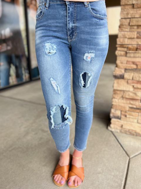 Kylie Destroyed Double Patch Jeans | Sparkles & Lace Boutique
