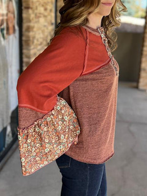 Molly Oversize Round Neck Sweater with Floral Print Detail in Rust